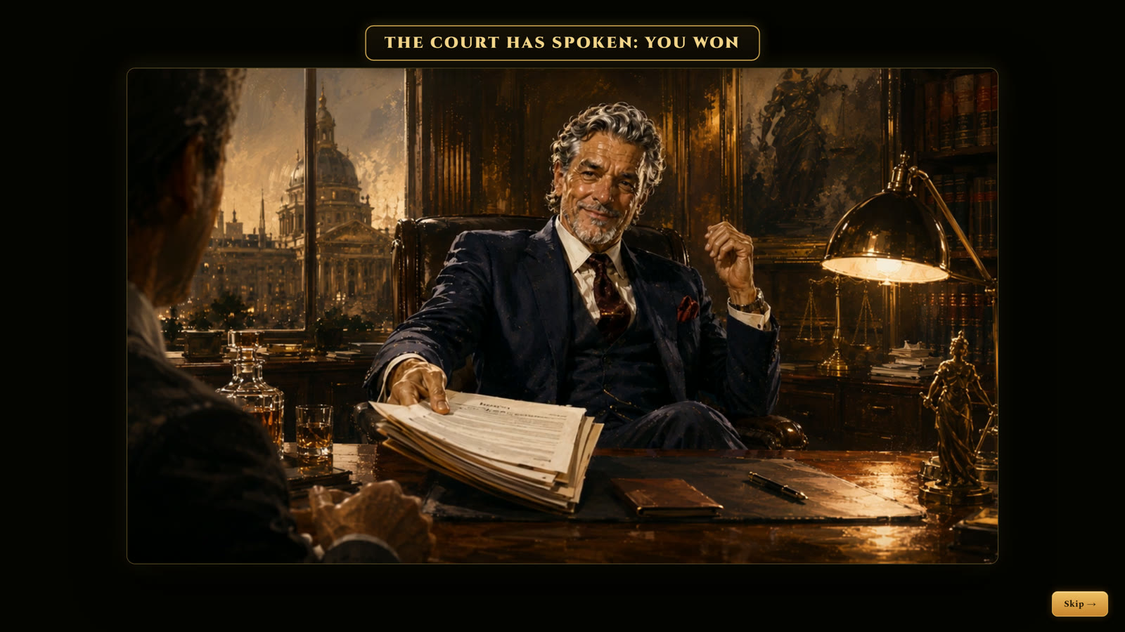 A painted courtroom cutscene: the court has spoken